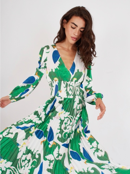 Traffic People Dresses & Skirts - Traffic People Green, White & Blue V-Neck Long Sleeve Floral Pleated Dress
